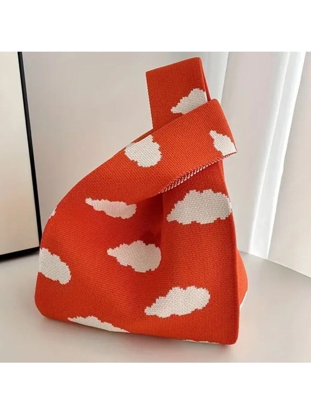 Heavy Woven Knit Orange Sky Pattern Tote Purse Bag Japanese Knot  Closure Style